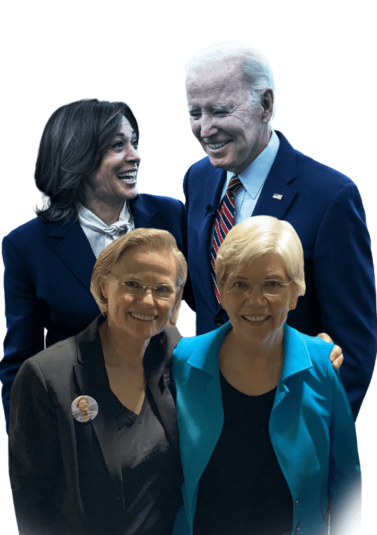 President Biden and Vice President Harris with Alison Page and liberal US Senator Elizabeth Warren